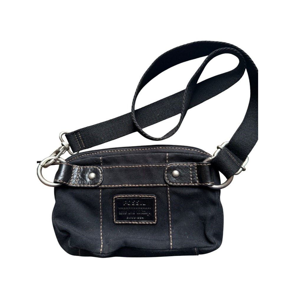 Fossil Black Leather Canvas Crossbody Bag Small Adjustable Strap
